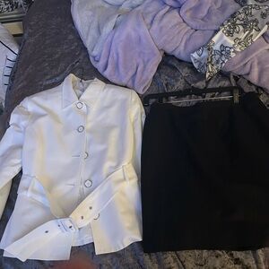 White Button-Up Jacket and Black Skirt Set